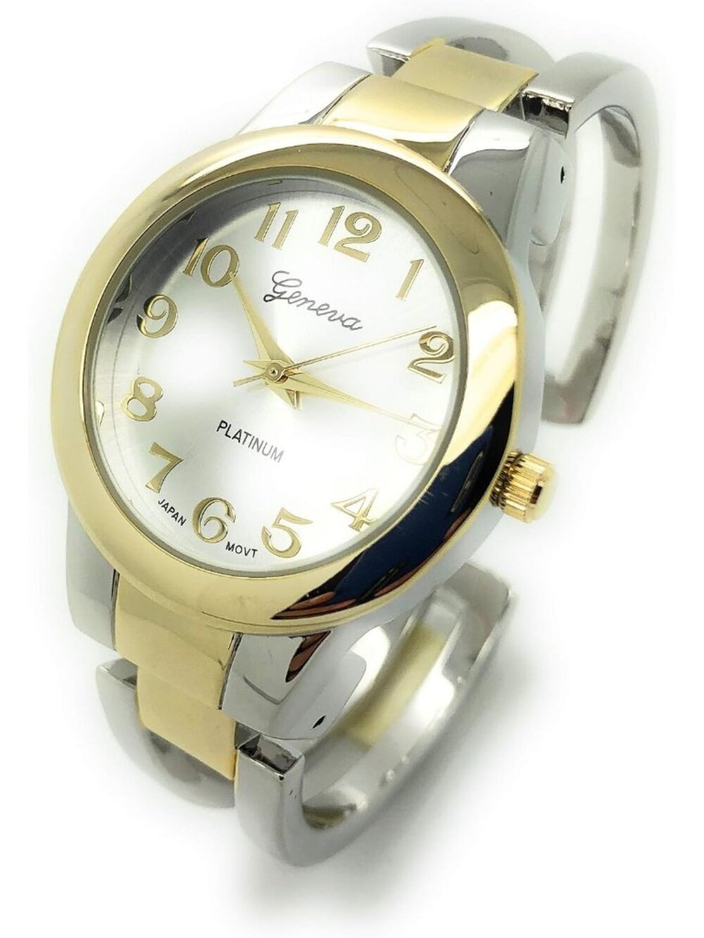 Women's Two Tone Round Elegant Simple Casual Metal Bangle Cuff Fashion Watch